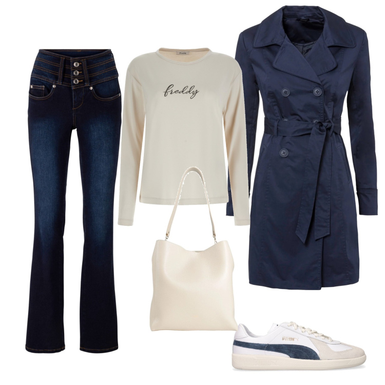 Outfit donna - Total look #1704997. Stile Casual per Tutti i giorni. Abbinamento con trench, jeans bootcut, borse a spalla, t-shirt, sneakers.