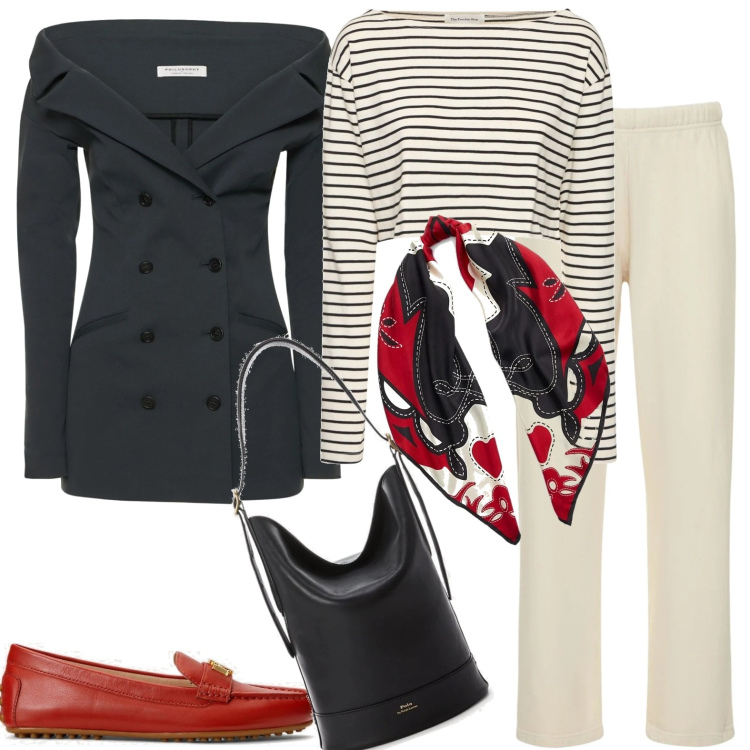 Outfit donna - A spasso. Stile Casual per Ufficio. Abbinamento con borse a secchiello, mocassini, sciarpe, cappotti, pantaloni, t-shirt.