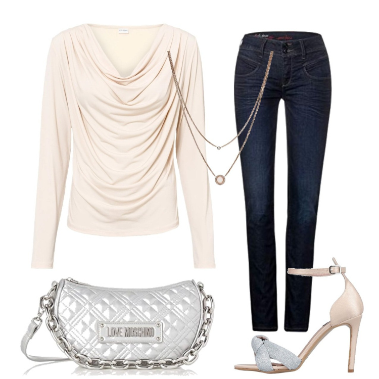 Outfit femme - Chic pour un rendez-vous. Style Chic pour Soirée dehors. Assortir avec t-shirts, sandales à talon, jeans, colliers, sacs en bandoulière.