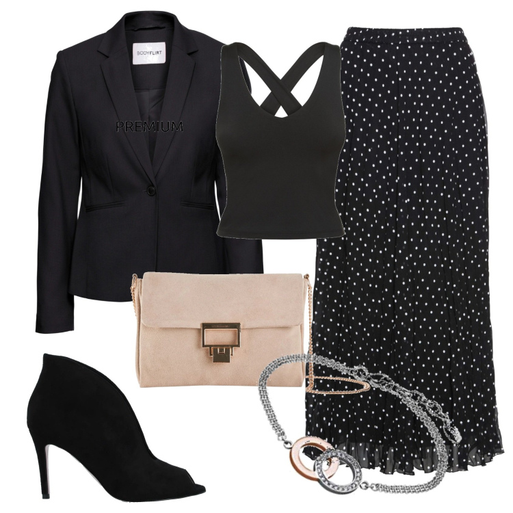 Outfit donna - Università. Stile Chic per Scuola/Università. Abbinamento con gonne, blazer, pochette, stivaletti, canottiere, braccialetti.