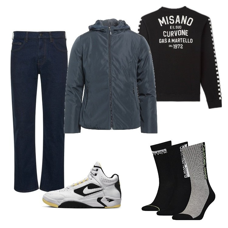 Outfit uomo - Total look #1705105. Stile Trendy per Tutti i giorni. Abbinamento con giacche, felpe, sneakers, jeans dritti, calzini.