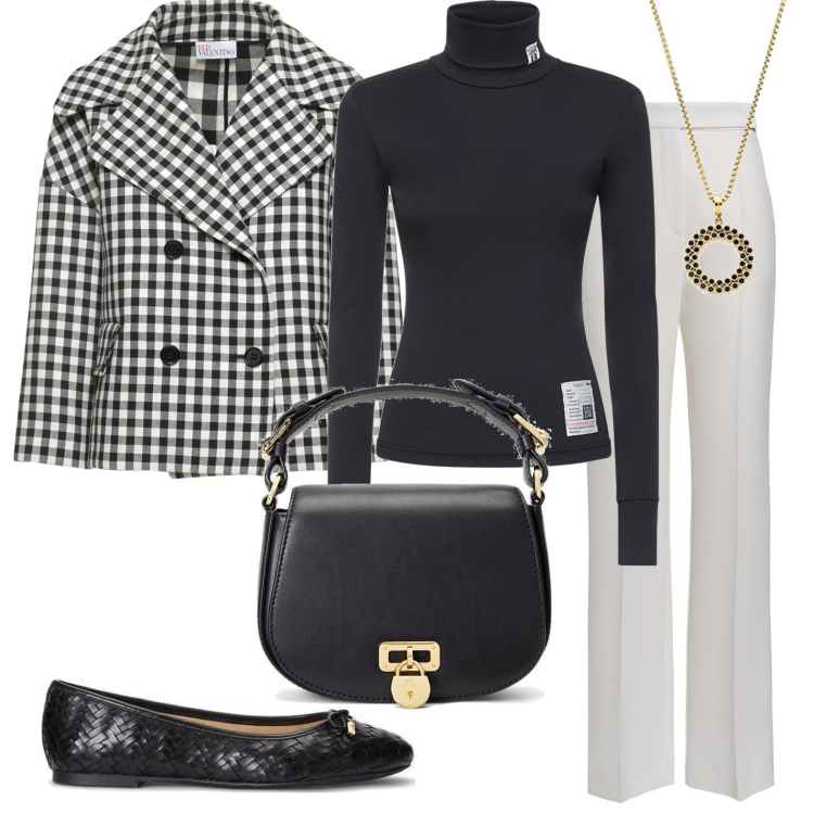 Outfit donna - Con le amiche. Stile Casual chic per Tutti i giorni. Abbinamento con borse a tracolla, ballerine, pantaloni, cappotti, ciondoli, maglieria.