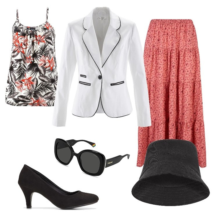 Outfit donna - Battesimo. Stile Chic per Cerimonia. Abbinamento con top, décolleté, gonne lunghe, blazer, cappelli, occhiali da sole.