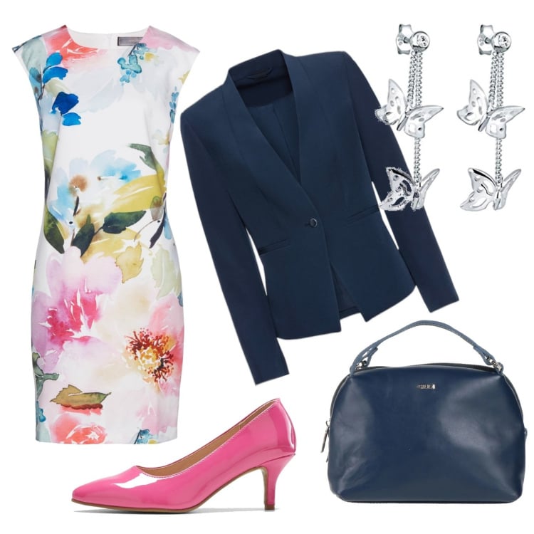Outfit donna - Chic. Stile Chic per Ufficio. Abbinamento con blazer, vestiti a tubino, décolleté, borse a mano, orecchini.