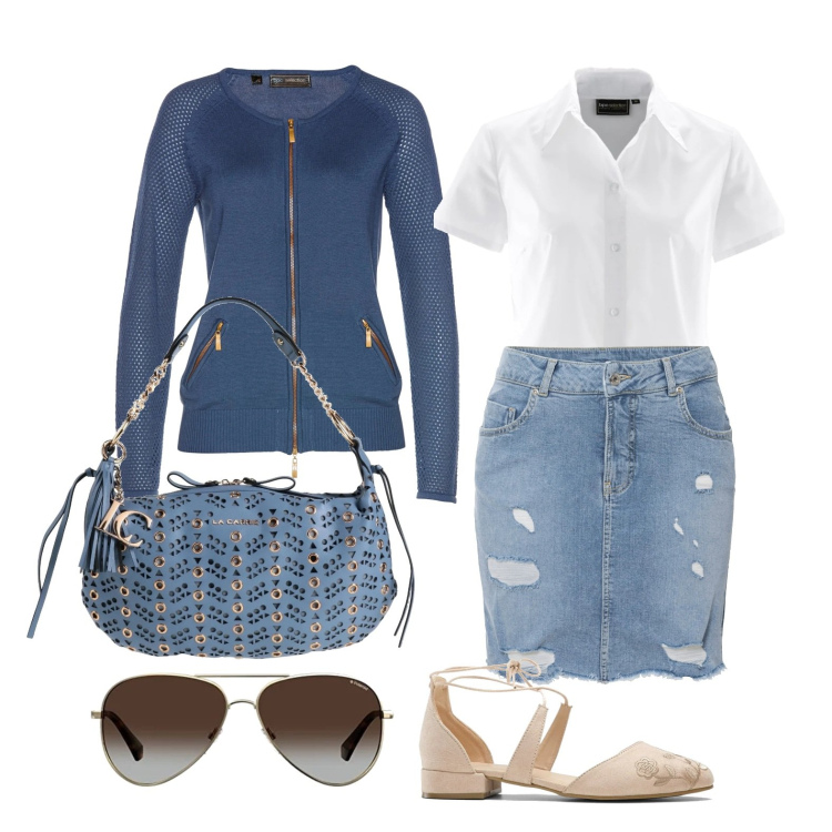 Outfit donna - Ghost outfitter - settembre. Stile Casual chic per Tutti i giorni. Abbinamento con camicie a manica corta, cardigans, décolleté, gonne, borse a spalla, occhiali da sole.
