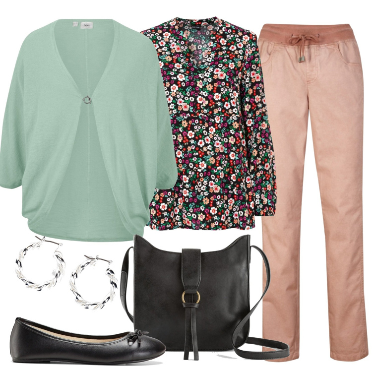Outfit donna - Settembre. Stile Casual per Tutti i giorni. Abbinamento con cardigans, borse a tracolla, ballerine, orecchini, pantaloni, tuniche.