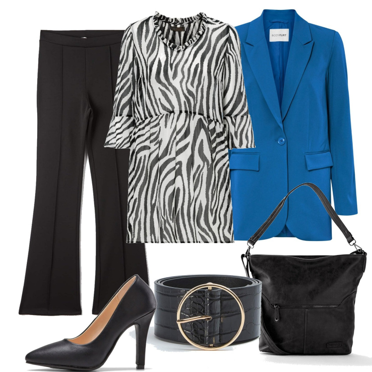 Outfit donna - Abbinamenti moda autunno \'23. Stile Trendy per Serata fuori. Abbinamento con borse a tracolla, bluse, blazer, décolleté, pantaloni, cinture.