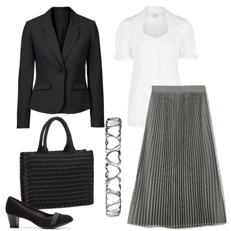 Outfit donna - La gonna moda autunno \'23. Stile Bon Ton per Serata fuori. Abbinamento con décolleté, blazer, camicie, gonne longuette, shopping bag, orecchini.