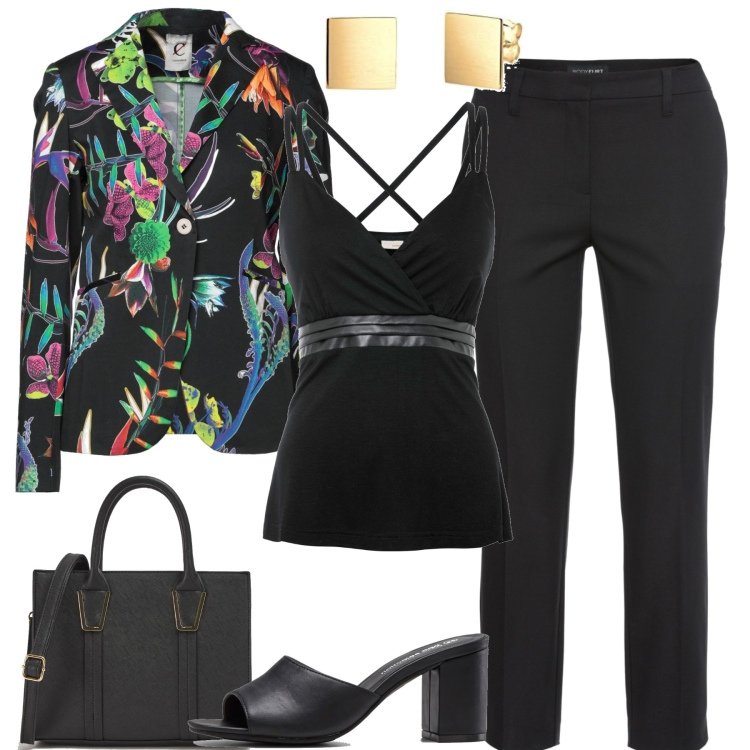 Outfit donna - La giacca fantasia. Stile Casual chic per Tutti i giorni. Abbinamento con pantaloni, ciabatte, top, blazer, shopping bag, orecchini.