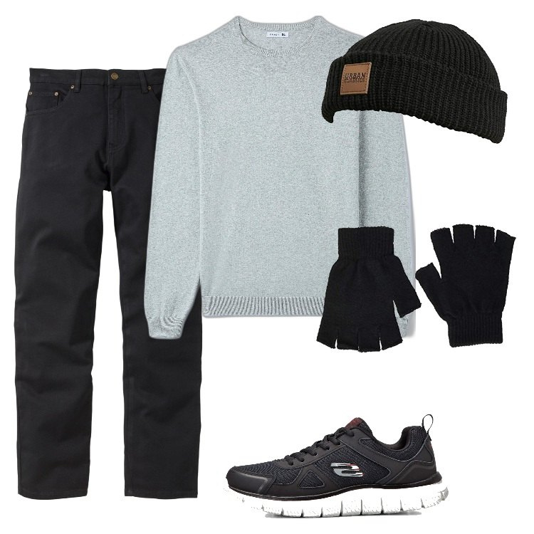Outfit uomo - Total look #1705283. Stile Casual per Ufficio. Abbinamento con jeans dritti, sneakers, pullovers, berretti, guanti.