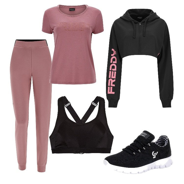 Outfit donna - Total look #1705323. Stile Trendy per Sport. Abbinamento con reggiseni, t-shirt, sneakers alte, pantaloni, felpe con cappuccio.