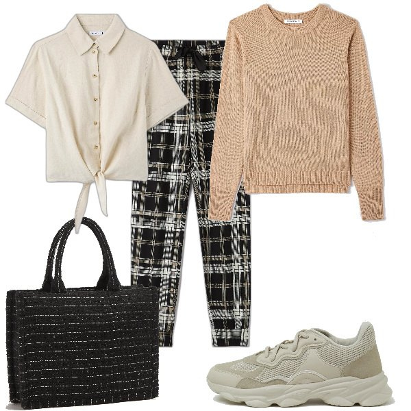 Outfit donna - Total look #1705343. Stile Casual per Scuola/Università. Abbinamento con maglieria, shopping bag, pigiama, camicie a manica corta, sneakers.
