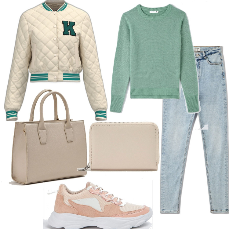 Outfit donna - Total look #1705360. Stile Basic per Scuola/Università. Abbinamento con bomber, maglieria, sneakers, jeans skinny, shopping bag, portafogli.