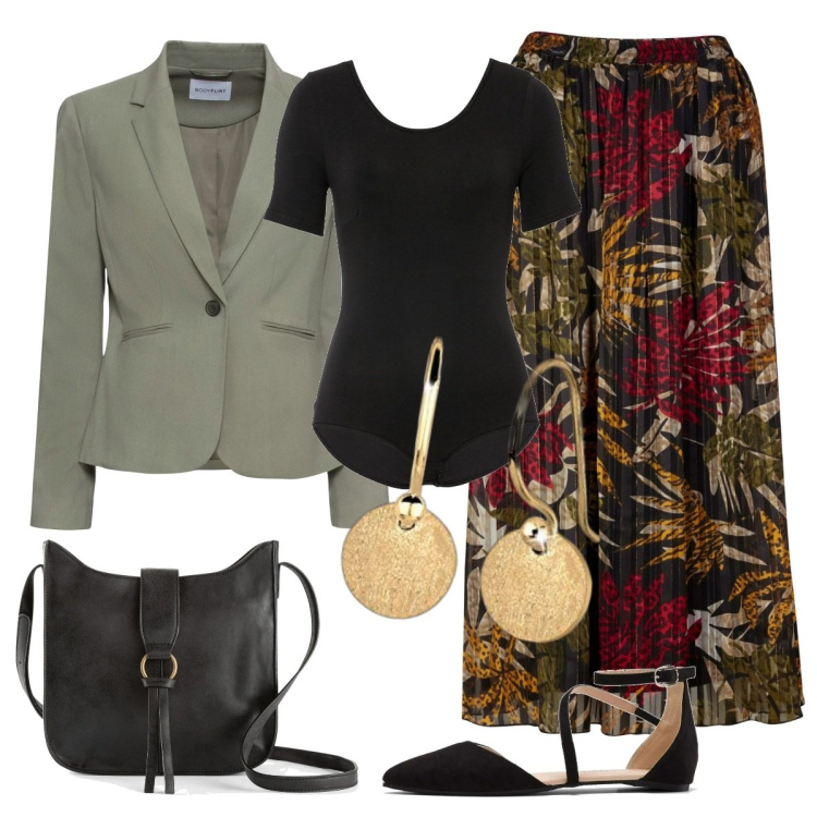 Outfit donna - Caffè con Michi. Stile Casual chic per Tutti i giorni. Abbinamento con body, blazer, borse a tracolla, gonne lunghe, ballerine, orecchini.