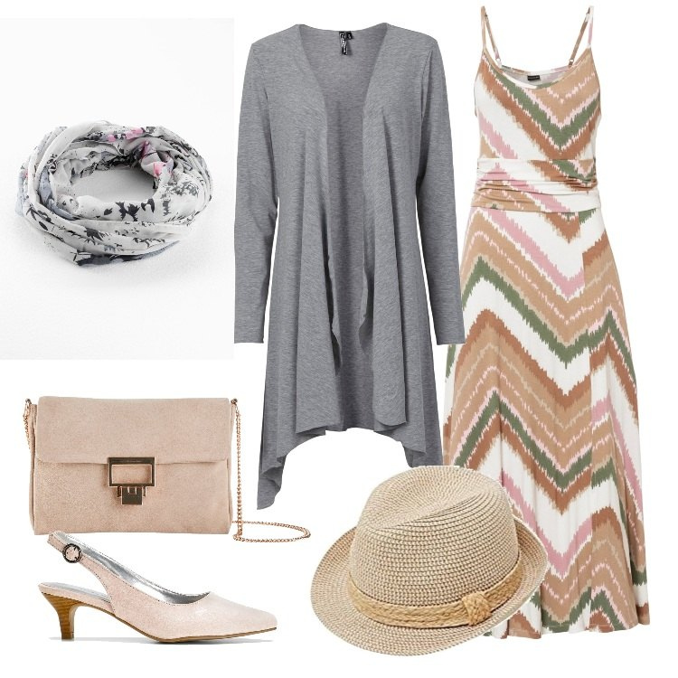 Outfit donna - Total look #1705382. Stile Chic per Cerimonia. Abbinamento con cardigans, décolleté, foulard, pochette, vestiti, berretti.