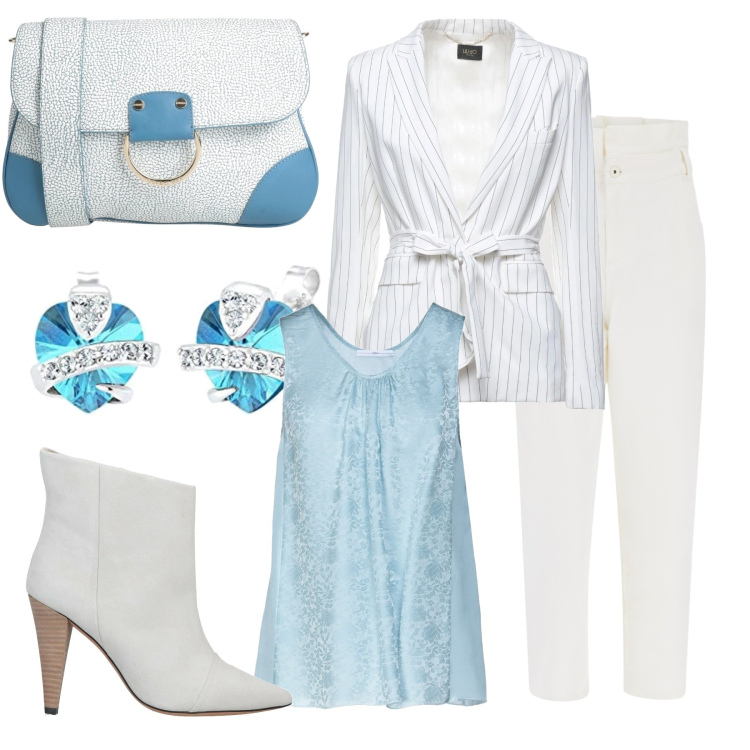 Outfit donna - Total look #1705395. Stile Casual chic per Ufficio. Abbinamento con borse a tracolla, top, blazer, stivaletti, jeans, orecchini.