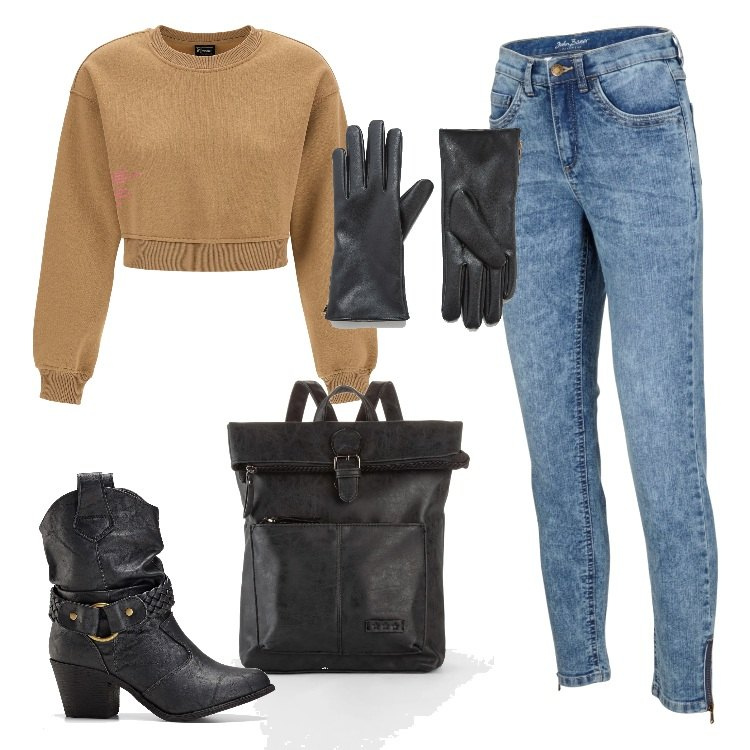Outfit donna - Total look #1705404. Stile Trendy per Ufficio. Abbinamento con zaini, jeans skinny, stivaletti texani, guanti, felpe.