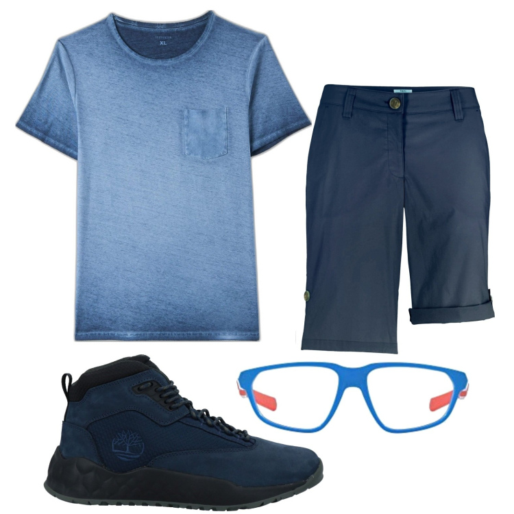 Outfit uomo - Blu notte. Stile Casual per Tutti i giorni. Abbinamento con bermuda, sneakers, t-shirt, occhiali da sole.