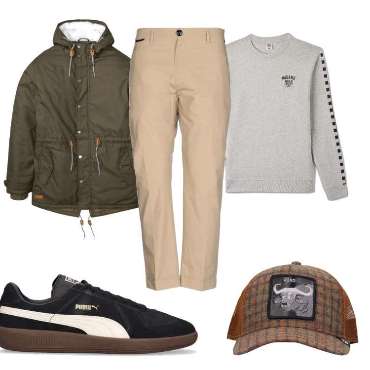 Outfit uomo - Total look #1705430. Stile Casual per Tutti i giorni. Abbinamento con parka, pantaloni, felpe, cappelli, sneakers.