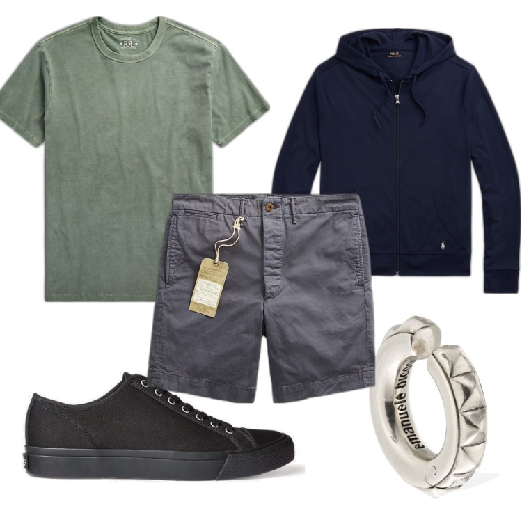 Outfit uomo - Total look #1705437. Stile Casual per Tutti i giorni. Abbinamento con sneakers, pantaloni chino, t-shirt, felpe con cappuccio, orecchini.