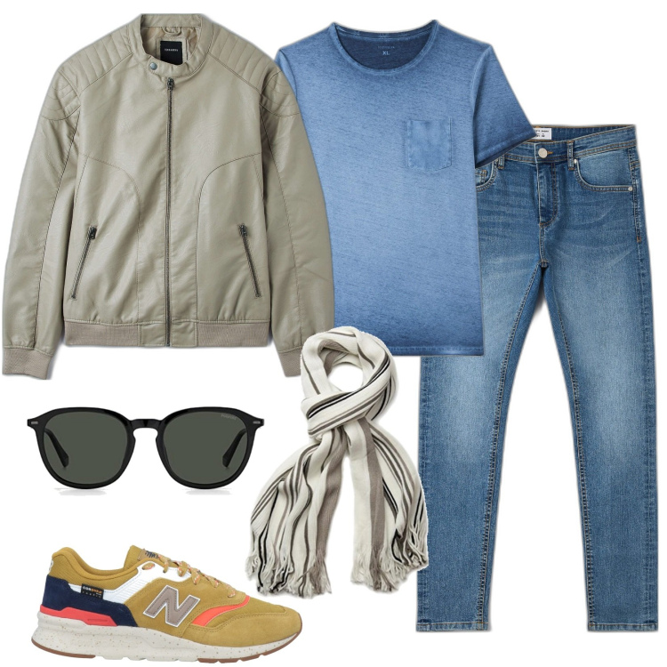 Outfit uomo - In scooter. Stile Casual per Tutti i giorni. Abbinamento con sneakers, t-shirt, cappotti, jeans skinny, occhiali da sole, sciarpe.