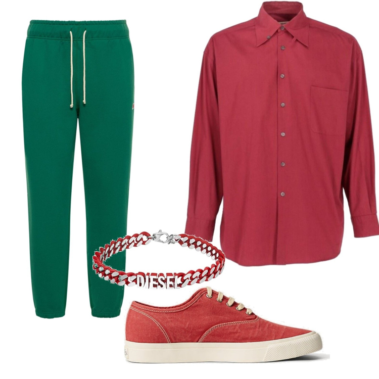Outfit uomo - Verde e rosso. Stile Casual per Tutti i giorni. Abbinamento con camicie, sneakers, pantaloni, braccialetti.