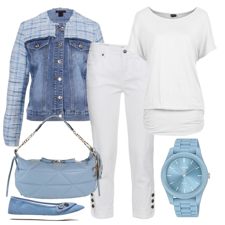 Outfit donna - Gli inserti sulla giacca di jeans. Stile Urban per Tutti i giorni. Abbinamento con maglieria, giacche, jeans slim fit, ballerine, borse a mano, orologi.