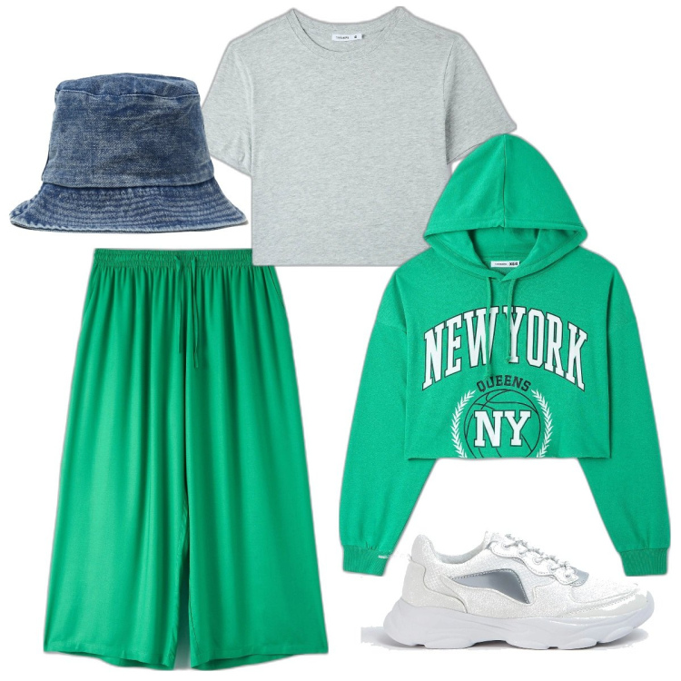 Outfit donna - Felpa e pants extra large. Stile Urban per Scuola/Università. Abbinamento con felpe con cappuccio, sneakers, pantaloni a palazzo, t-shirt, cappelli con visiera.