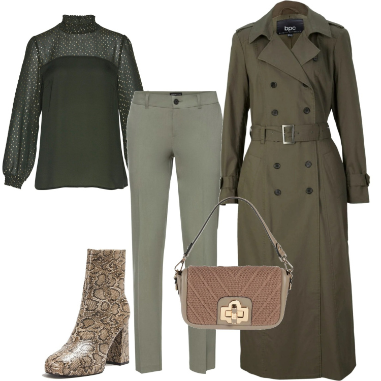 Outfit donna - Total look #1705505. Stile Urban per Tutti i giorni. look ideale per Tall. Abbinamento con pantaloni, tuniche, trench, borse a mano, stivaletti.