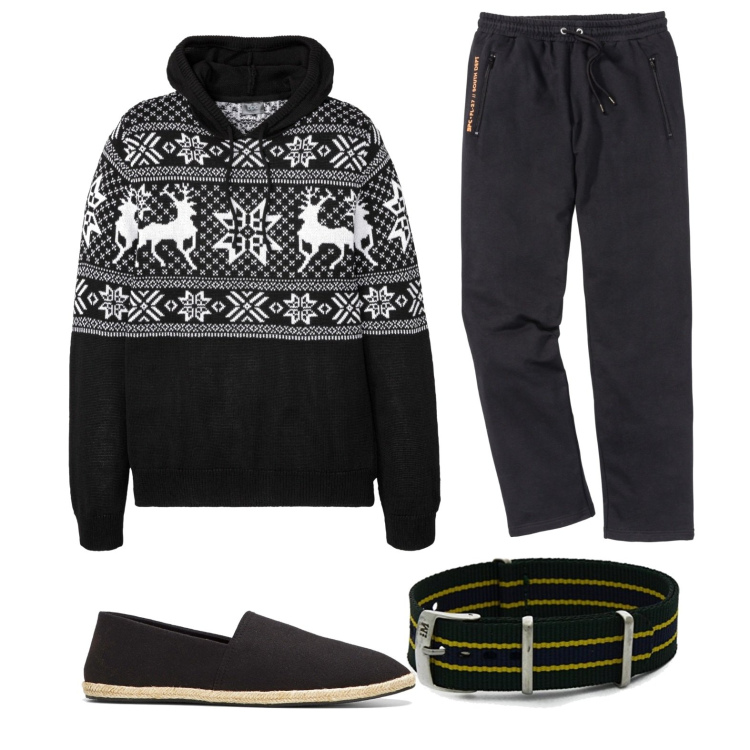 Outfit uomo - Black and white. Stile Casual per Tutti i giorni. Abbinamento con pantaloni, espadrillas, maglieria, braccialetti.