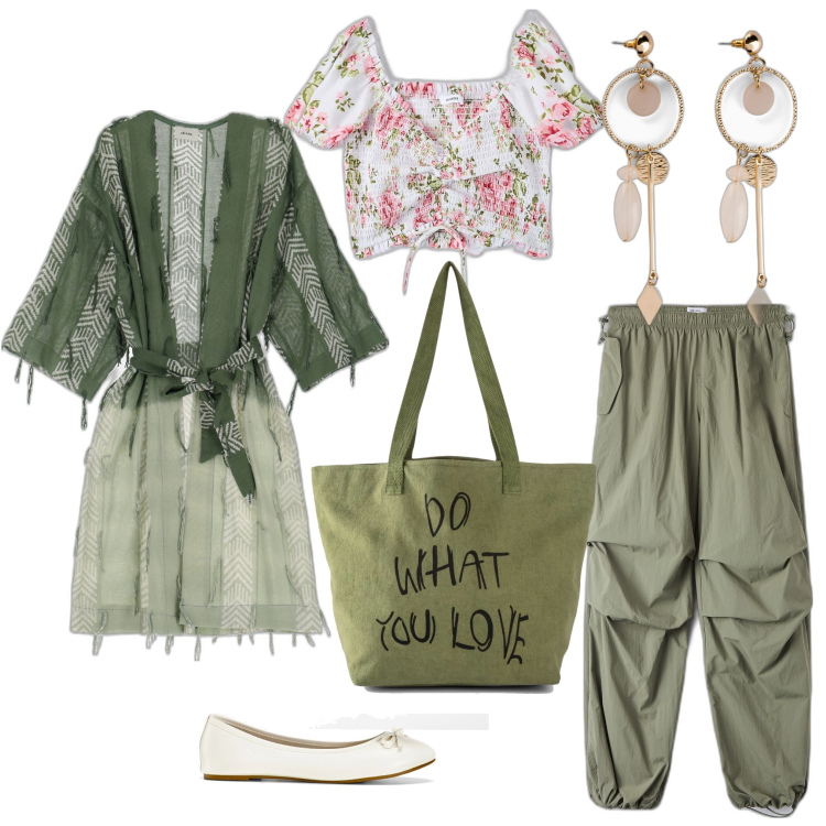 Outfit donna - Rientro in città. Stile Casual chic per Tutti i giorni. Abbinamento con orecchini, ballerine, shopping bag, bluse, pantaloni, giacche.