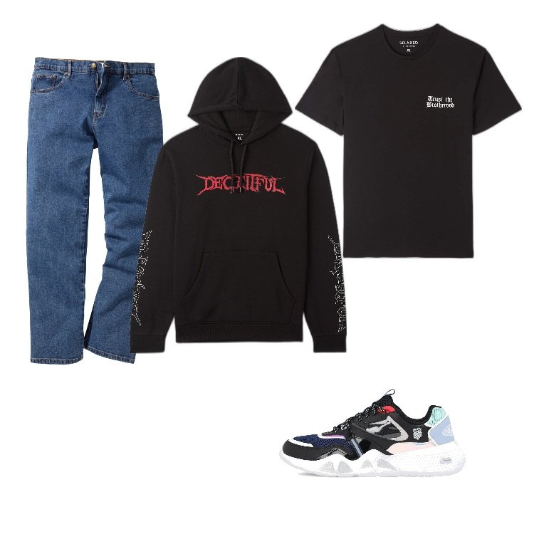 Outfit uomo - Total look #1705598. Stile Urban per Tutti i giorni. Abbinamento con jeans dritti, t-shirt, felpe con cappuccio, sneakers.