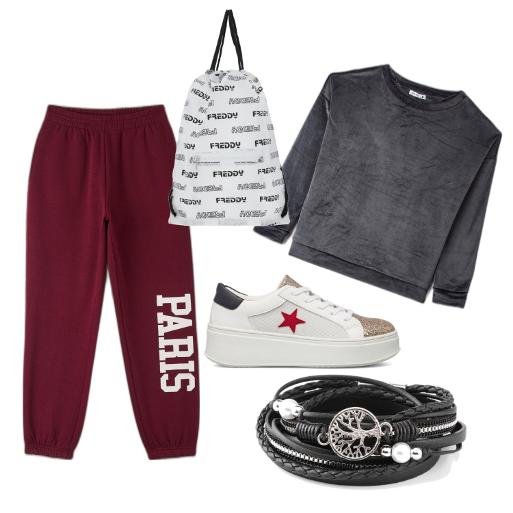 Outfit donna - Back to... my life. Stile Sporty chic per Tutti i giorni. Abbinamento con braccialetti, pantaloni, pigiama, zaini, sneakers.