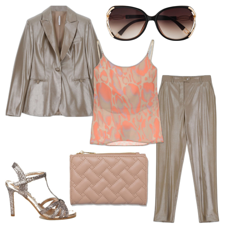 Outfit donna - Dirigente scolastica. Stile Glamour per Ufficio. Abbinamento con occhiali da sole, pantaloni, giacche, top, sandali col tacco, portafogli.