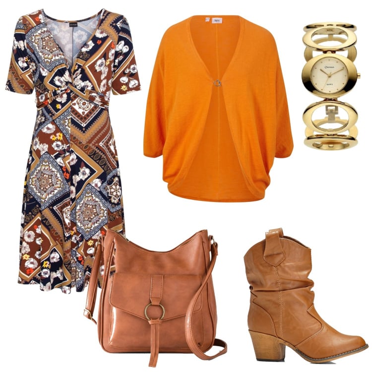 Outfit donna - Pioggia di settembre. Stile Etnico per Ufficio. Abbinamento con stivaletti texani, borse a tracolla, vestiti corti, cardigans, orologi.