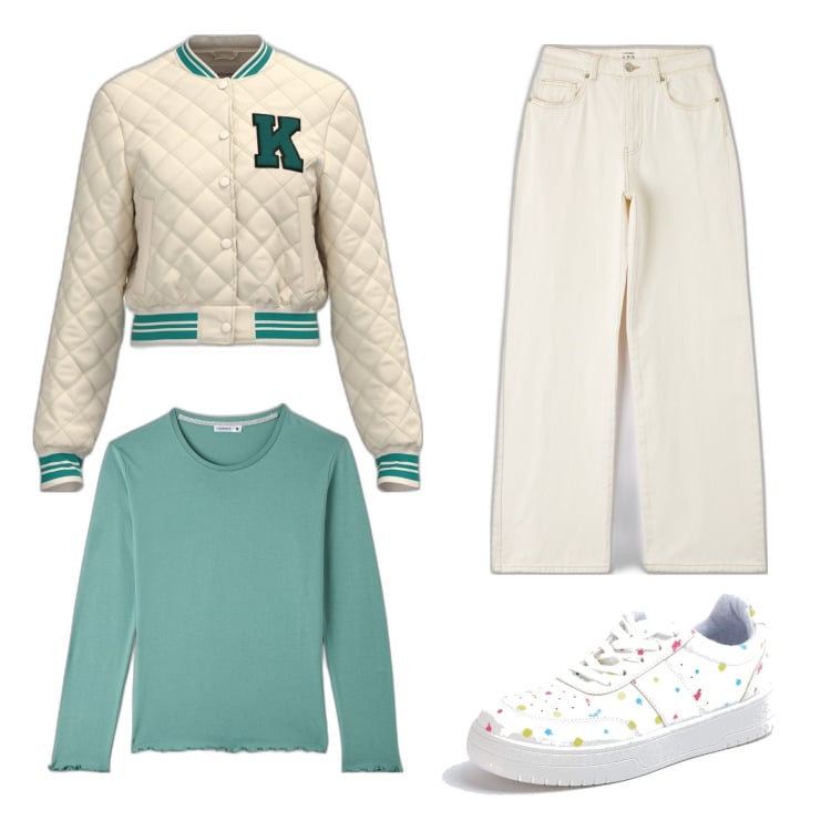 Outfit donna - Bianco e verde salvia. Stile Casual per Scuola/Università. Abbinamento con sneakers, bomber, pantaloni, t-shirt.