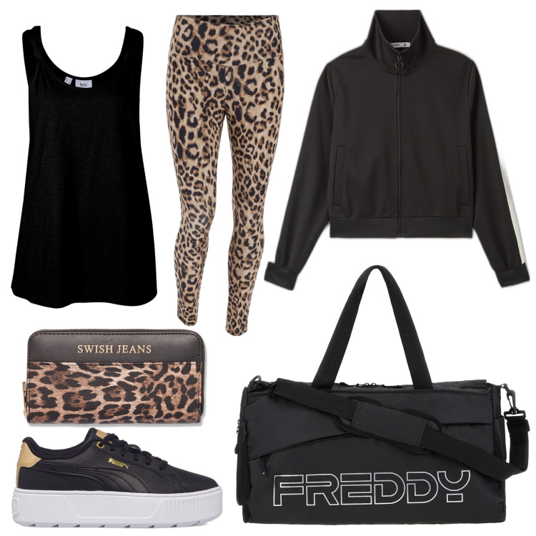 Outfit donna - Ritorno in palestra. Stile Sporty chic per Sport. Abbinamento con top, felpe, borse sportive, leggings, sneakers, portafogli.
