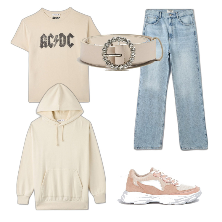 Outfit donna - Color panna per un outfit semplice. Stile Urban per Scuola/Università. Abbinamento con sneakers, jeans dritti, t-shirt, cinture, felpe con cappuccio.