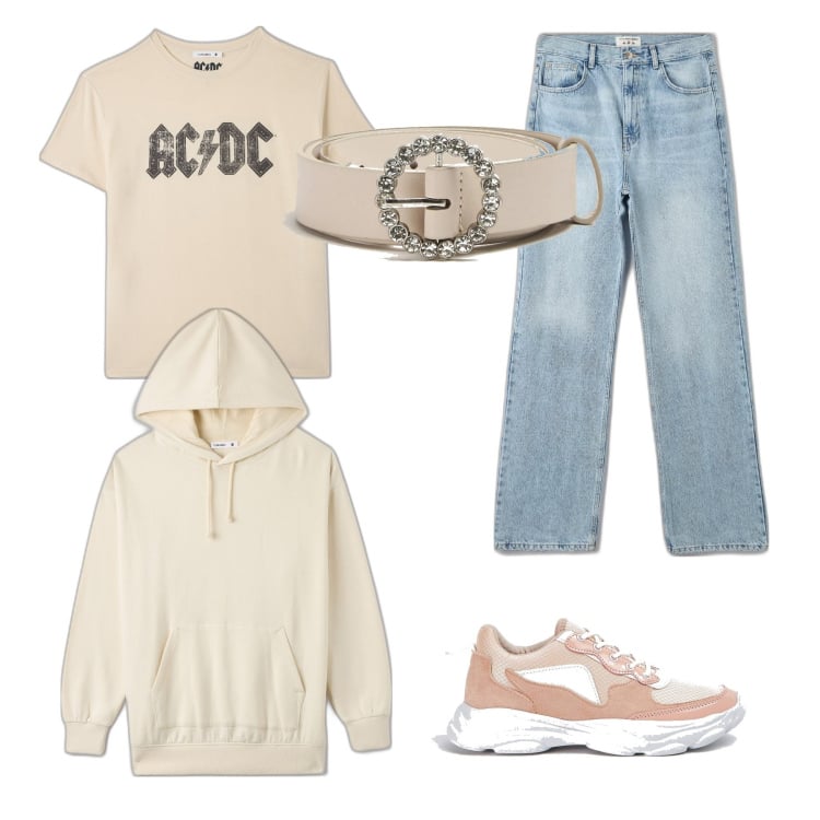 Outfit donna - Color panna per un outfit semplice. Stile Urban per Scuola/Università. Abbinamento con sneakers, jeans dritti, t-shirt, cinture, felpe con cappuccio.