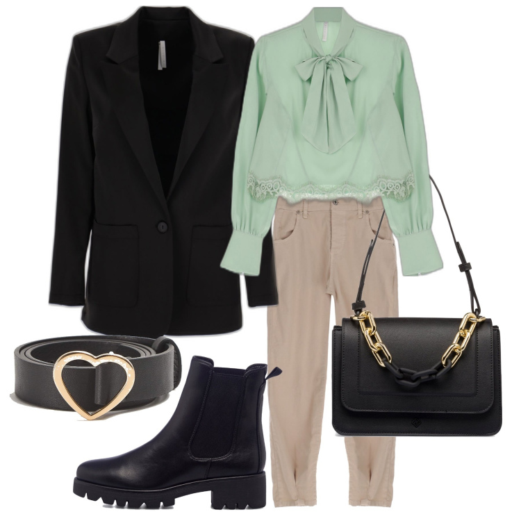 Outfit donna - Back to black. Stile Casual chic per Ufficio. Abbinamento con cinture, pantaloni, camicie, giacche, borse a mano, stivaletti.