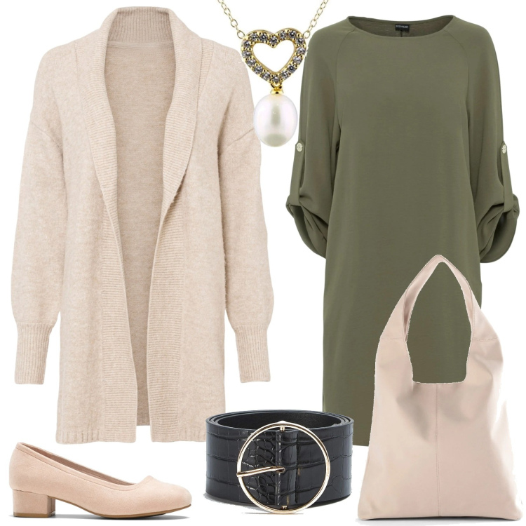 Outfit donna - Curvy low cost a settembre. Stile Basic per Ufficio. Abbinamento con décolleté, vestiti, cardigans, shopping bag, cinture, ciondoli.