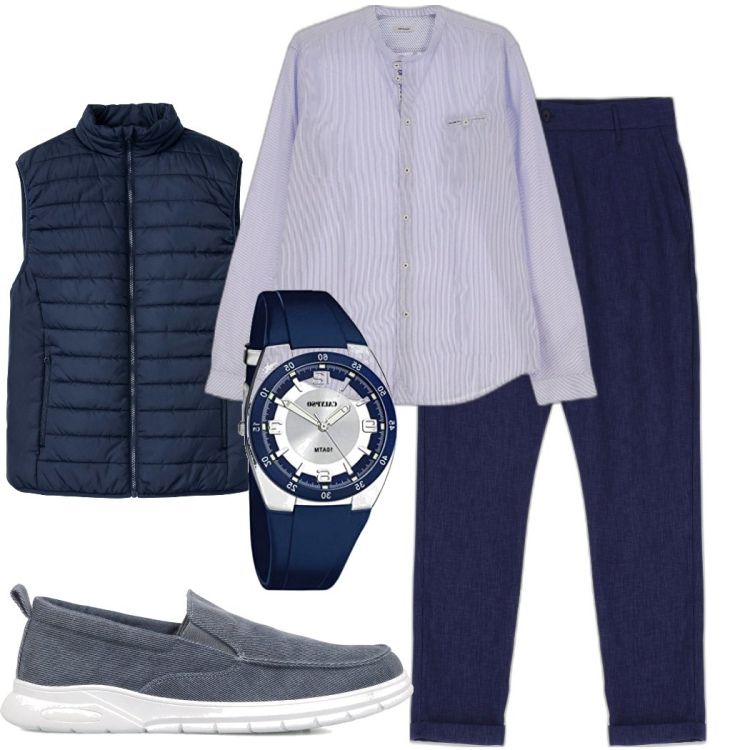 Outfit uomo - Total look blu. Stile Trendy per Tutti i giorni. Abbinamento con pantaloni, camicie, sneakers, gilet, orologi analogici.