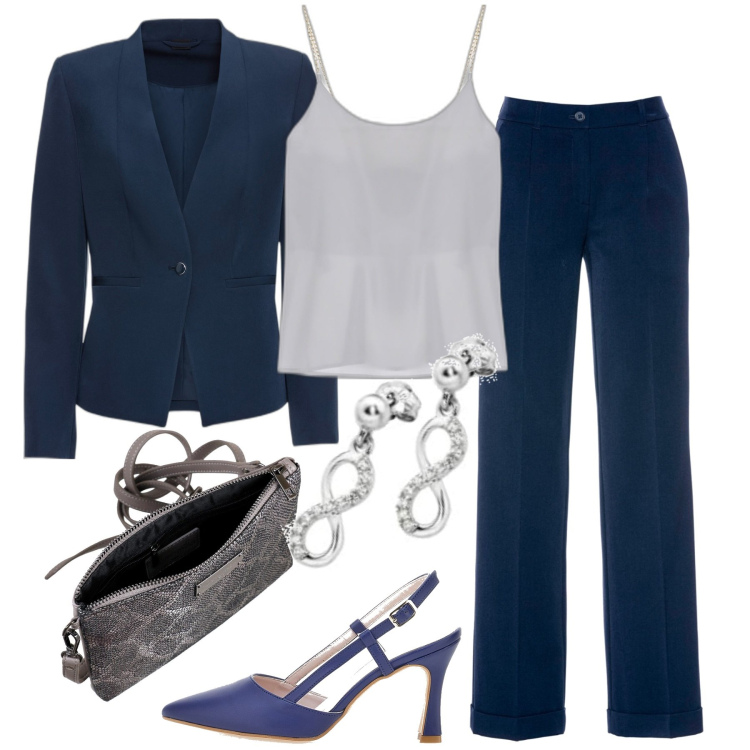 Outfit donna - Elegante in blu. Stile Chic per Tutti i giorni. Abbinamento con blazer, pantaloni, top, décolleté, orecchini, borse a mano.