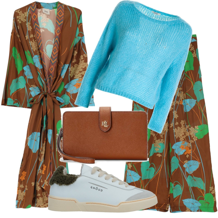Outfit donna - Passeggio. Stile Casual per Tutti i giorni. Abbinamento con sneakers, trench, pantaloni a palazzo, maglieria, pochette.