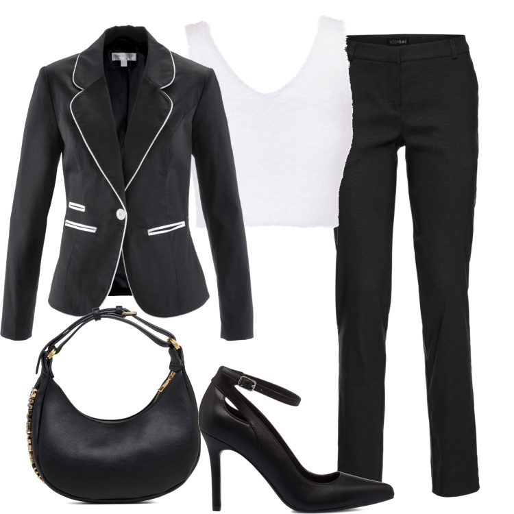 Outfit donna - Black and white. Stile Casual chic per Tutti i giorni. Abbinamento con pantaloni, blazer, top, décolleté, borse a mano.