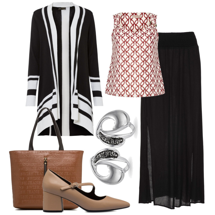 Outfit donna - Chic fino a sera. Stile Chic per Tutti i giorni. Abbinamento con gonne lunghe, cardigans, top, décolleté, borse a spalla, orecchini.