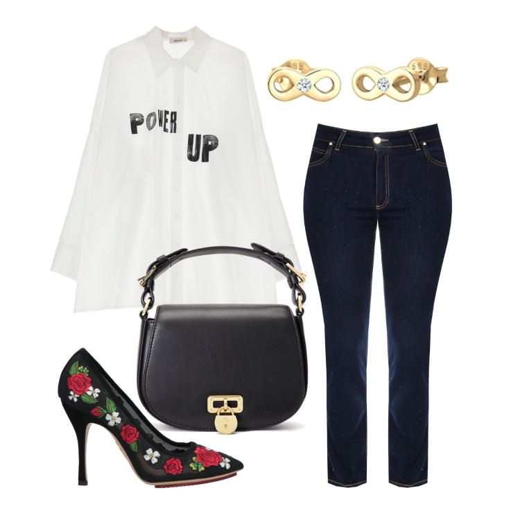 Outfit donna - Ghost outfitter - settembre. Stile Casual chic per Tutti i giorni. Abbinamento con décolleté, jeans, camicie, borse a tracolla, orecchini.