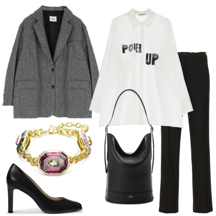 Outfit donna - Bon ton con i tacchi. Stile Bon Ton per Serata fuori. Abbinamento con blazer, camicie, borse a secchiello, décolleté, pantaloni, braccialetti.