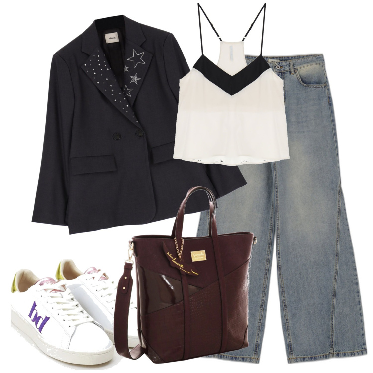 Outfit donna - Stelline sulla giacca. Stile Urban per Tutti i giorni. Abbinamento con canottiere, sneakers, cappotti, jeans, borse a mano.