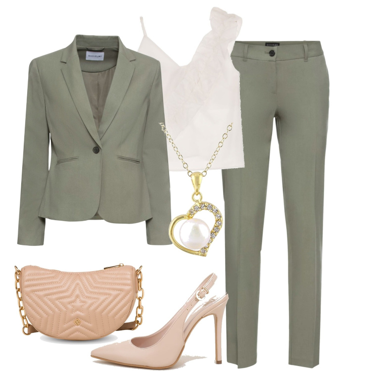 Outfit donna - Appuntamento in centro. Stile Chic per Tutti i giorni. Abbinamento con pantaloni, blazer, décolleté, top, borse a tracolla, ciondoli.